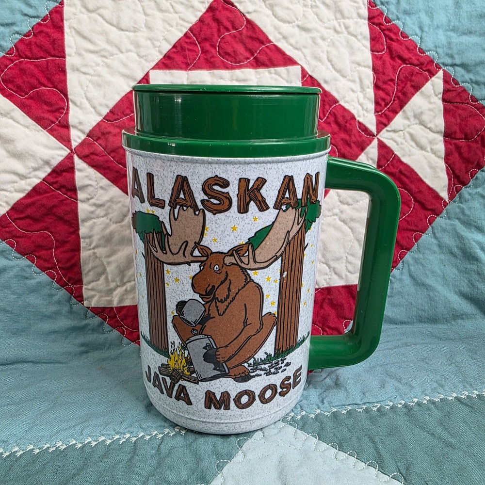 Vintage Whirley Alaskan Java Moose Insulated Travel Mug Green Speckled Thermo